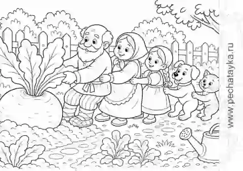 Раскраска все тянут репку цепочкой для детей 6–7 лет