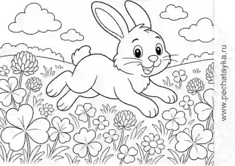 Раскраска заяц на цветочном лугу с клевером и травой для детей 4–5 лет