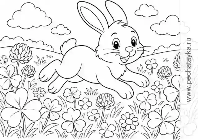 Раскраска заяц на цветочном лугу с клевером и травой для детей 4–5 лет