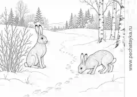 Раскраска зайцы на зимней поляне