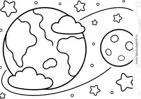 Раскраска Земля и Луна со звёздами и орбитами для детей 4–5 лет