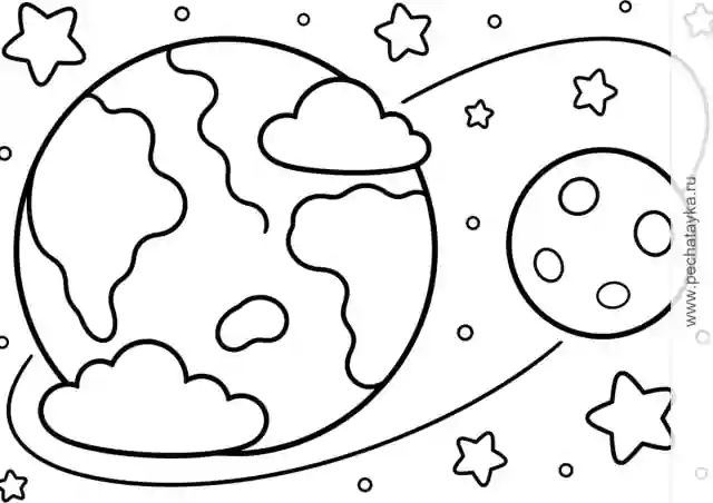 Раскраска Земля и Луна со звёздами и орбитами для детей 4–5 лет
