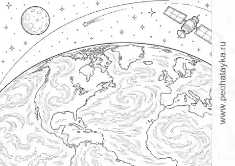 Раскраска Земля из космоса со спутником, Луной и орбитами для детей 8+ лет