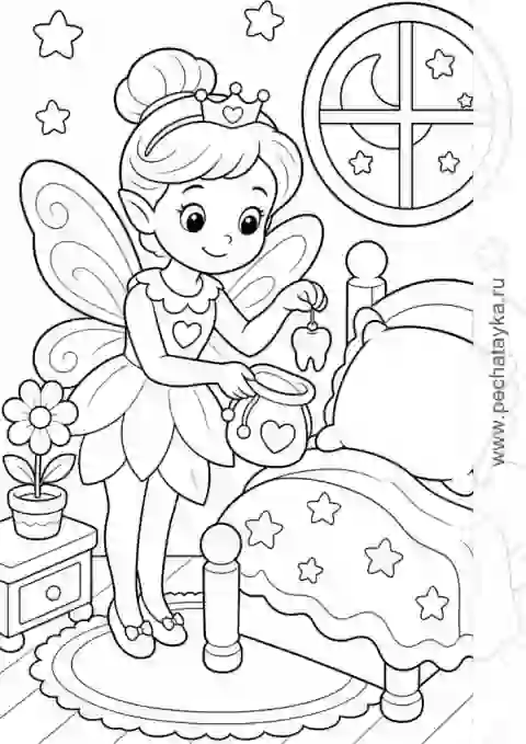 Раскраска зубная фея с зубиком у подушки в комнате для детей 4–5 лет